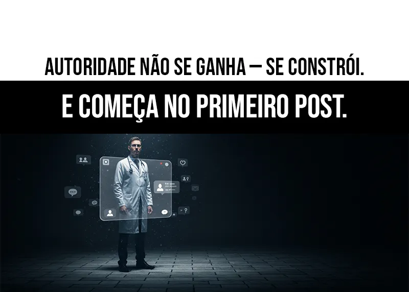 Médico diante de uma interface digital representando autoridade médica no Instagram com ícones de interação, simbolizando presença online estratégica.