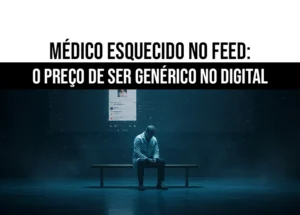 Médico sentado em um banco, com semblante pensativo, em frente a um feed digital vazio, representando o esquecimento causado por conteúdo genérico no marketing médico.