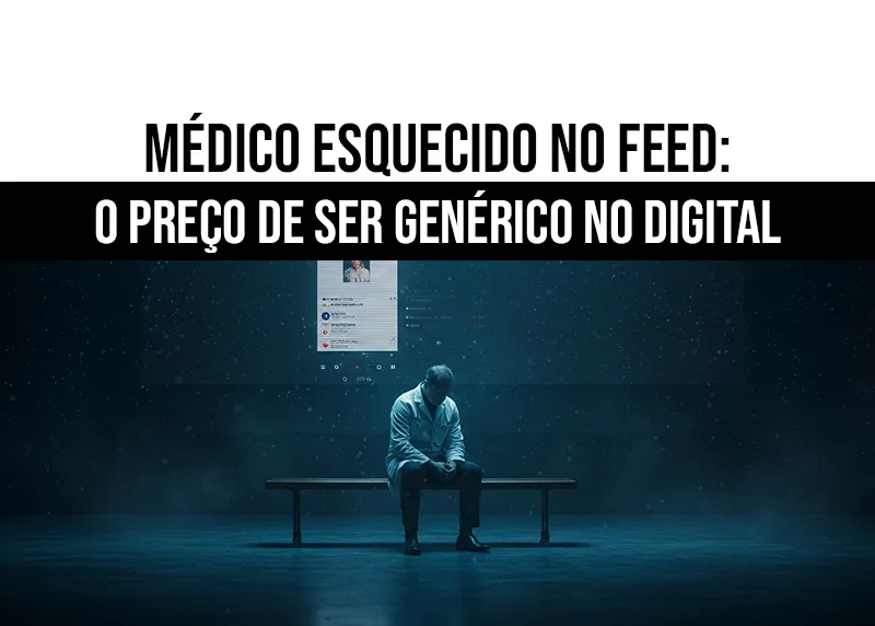 Médico sentado em um banco, com semblante pensativo, em frente a um feed digital vazio, representando o esquecimento causado por conteúdo genérico no marketing médico.
