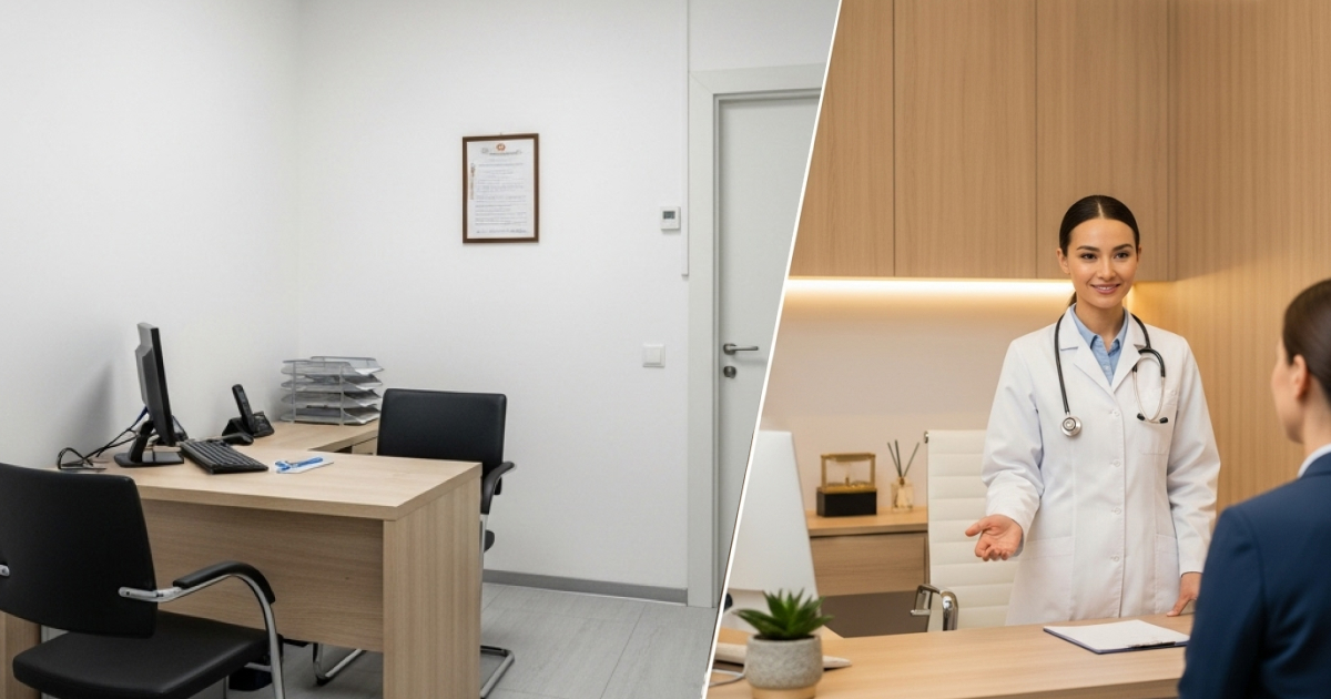 Médico atendendo paciente com expressão confiante, simbolizando valor percebido na medicina.